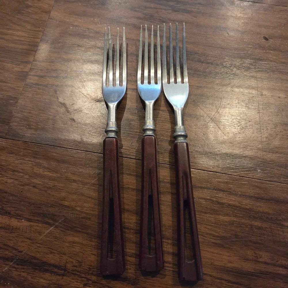 Vintage Mid Century Modern Stainless Forks Set of 3 Brown Cutout Handles 7.75in